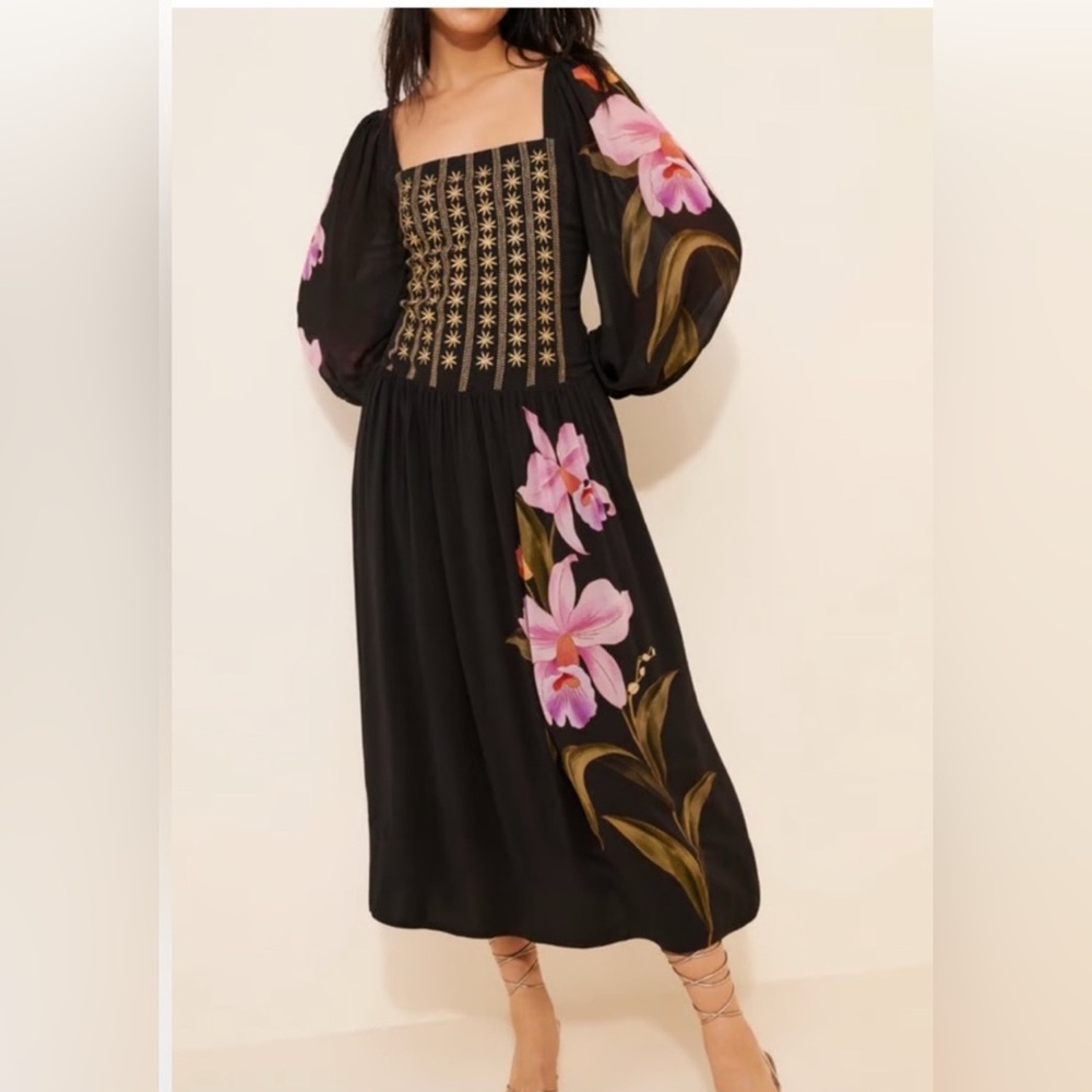 FARM Rio Floral Embellished Midi Dress with Bishop Sleeves